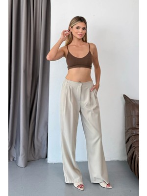 Jee Lee Kadın Beli Lastikli Çift Cepli Bol Paça Pantolon Taş - 4057