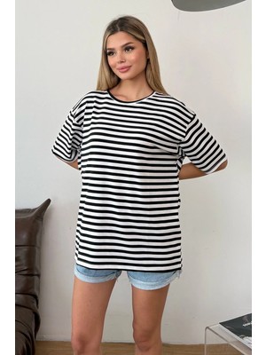 Giysa Kadın Bisiklet Yaka Oversize Çizgili t-Shirt Siyah Beyaz - 26Y 508