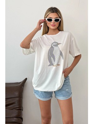 Giysa Kadın Taşlı Penguen desenli T-Shirt Beyaz - 26Y 5202