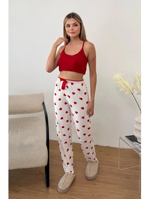 Giysa Kadın Beli Lastikli Kalp Desenli Pijama Altı Beyaz - 26Y 4522