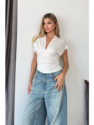 Giysa Kadın Önü Arkası V Yaka Bluz Beyaz - 26Y 2590