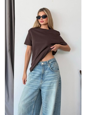Giysa Kadın Bisiklet Yaka Basic T-Shirt Kahverengi - 26Y 26118