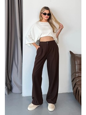 Jee Lee Kadın Beli Lastikli Çift Cepli Bol Paça Pantolon Kahverengi - 4057