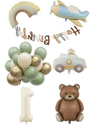 Aesco Retro 1 Yaş Doğum Günü Seti; Uçak, Araba, Gökkuşağı, Ayıcık ve 20 Adet Lateks Balon Set