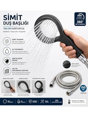 Seraç Simit Duş Başlığı Sert Plastik, 150 cm Paslanmaz Çelik Hortumlu El Duşu, Yüksek Basınçlı Su Tasarruflu Duş Seti, Ergonomik Tutma Saplı Banyo Duş Başlığı