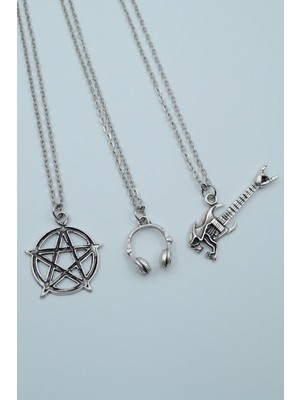 IDR 3'lü Pentagram Kuru Kafa Gitar Kulaklık Gümüş Kaplama Kolye Seti