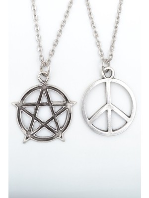 IDR 2'li Pentagram Wicca - Barış İşareti Peace Gümüş Kaplama Kolye Seti