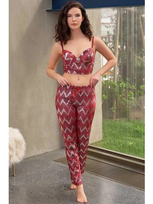 Nevamel® Kadife Balenli Destekli Dolgulu Parlak Baskılı Fermuar Detaylı Büstiyer ve Pantolon Pijama Takımı