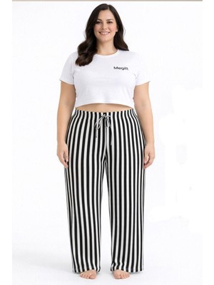 Hobilinka Viskon Pamuklu Kadın Büyük Beden Siyah Çizgili Pijama Pantolon - BRF001 -