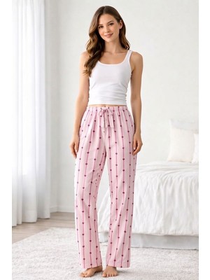 Hobilinka Viskon Pamuklu Kadın Açık Pembe Desenli Pijama Pantolon - MG007 -