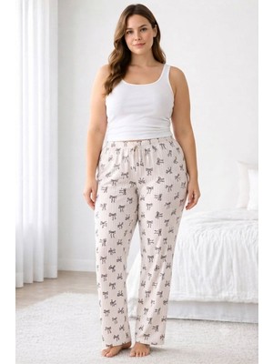 Hobilinka Viskon Pamuklu Kadın Büyük Beden Pudra Desenli Pijama Pantolon - BRF009 -