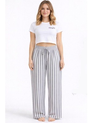Hobilinka Viskon Pamuklu Kadın Açık Gri Çizgili Pijama Pantolon - MG006 -
