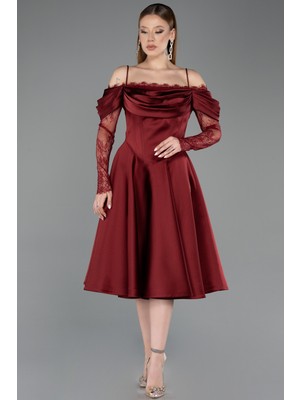 Abiyefon Dantelli Uzun Kol Midi Saten Davet Elbisesi ABK2552