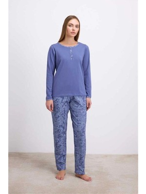 Nevamel® %95 Pamuklu Uzun Kollu T-Shirt ve Desenli Pantolon Pijama Takımı