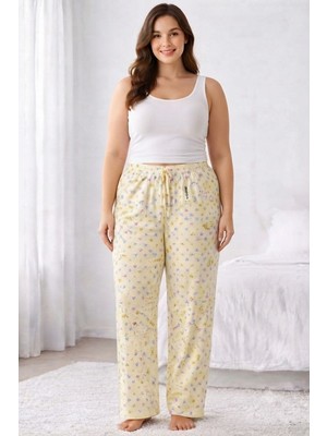 Hobilinka Viskon Pamuklu Kadın Büyük Beden Açık Sarı Desenli Pijama Pantolon - BRF010 -
