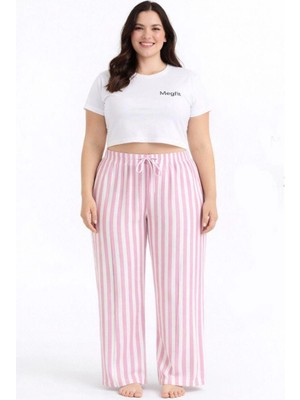 Asil Sepet Giyim Viskon Pamuklu Kadın Büyük Beden Pudra Pembe Çizgili Pijama Pantolon - BRF004 -
