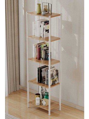 Woodensa Bes Rafli Çok Amaçli Kitaplik (Beyaz Profil Çam Sunta) 60X150X26 cm MTL035