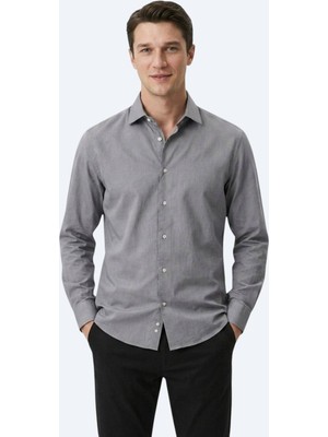 Kip Gri Regular Fit Uzun Dokuma Casual Pamuk Karışımlı Gömlek