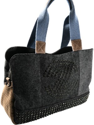 Biem Accessory Biem Antrasit -Vizon Denim Salaş-Retro Taş Trok Döşemeli Çok Gözlü Çanta