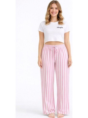 Hace Bazaar Viskon Pamuklu Kadın Pudra Pembe Çizgili Pijama Pantolon - MG004 - -Hcb