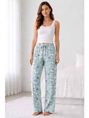 Hace Bazaar Viskon Pamuklu Kadın Deniz Mavisi Desenli Pijama Pantolon - MG012 - -Hcb