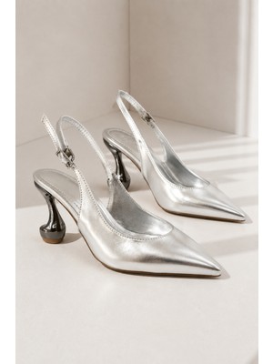 Best Cover Swany Kadın Sivri Burun Metalik Kuğu 8cm Topuklu Slingback Ayakkabı