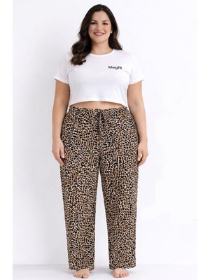 Hace Bazaar Viskon Pamuklu Kadın Büyük Beden Leopar Desenli Pijama Pantolon - BRF005 - -Hcb