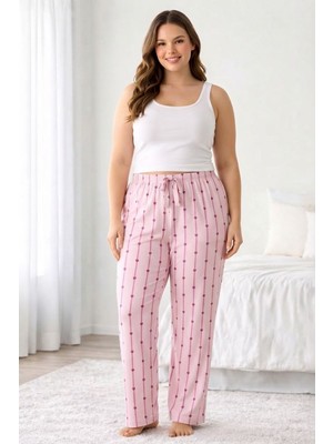 Hace Bazaar Viskon Pamuklu Kadın Büyük Beden Açık Pembe Desenli Pijama Pantolon - BRF007 - -Hcb