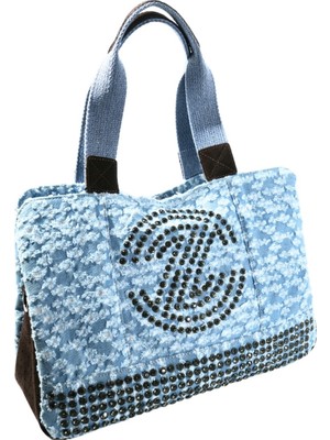 Biem Accessory Biem Açık Mavi-Yırtık Desen Denim Salaş-Retro Taş Trok Döşemeli Çok Gözlü Çanta