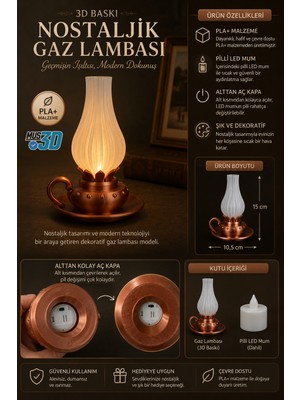 MUS3D Nostaljik Gaz Lambası Dekoratif LED Mumluk | Pla+ 3D Baskı | Pilli LED Mum Dahil | 15 cm