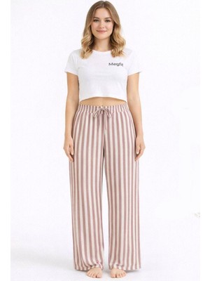 Hace Bazaar Viskon Pamuklu Kadın Gül Kurusu Çizgili Pijama Pantolon - MG003 - -Hcb