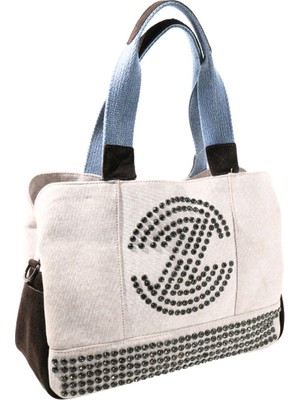 Biem Accessory Biem Bej-Kahve Denim Salaş-Retro Taş Trok Döşemeli Çanta