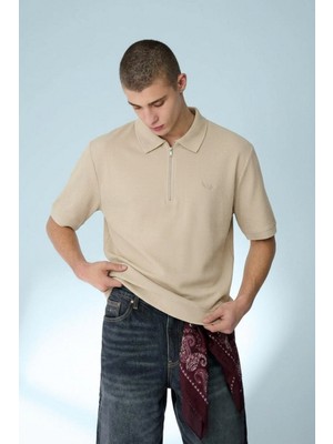 Damga Erkek Casual Bej Bol Polo Yaka Tişört