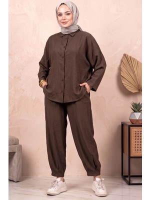 Hadiora Kahverengi Oversize Gömlek ve Pantolon Ikili Takım - Rahat Kesim Modal Günlük Set