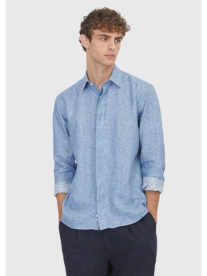 Ramsey İndigo Baskılı Casual Fit Uzun Dokuma Casual %100 Keten Gömlek