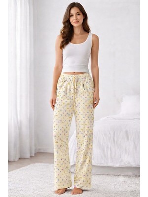 Hace Bazaar Viskon Pamuklu Kadın Açık Sarı Desenli Pijama Pantolon - MG010 - -Hcb