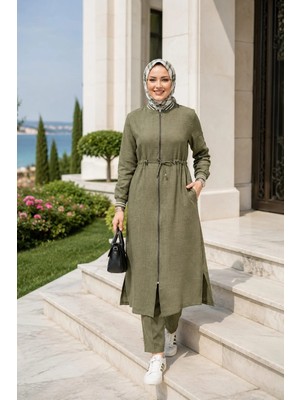 Harma Time Butik Kadın Ribanalı Fermuarlı Keten Tunik Pantolon Haki Ikili Takım