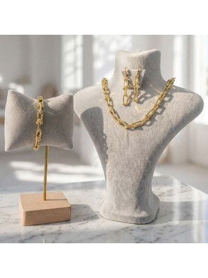 Ferizz 14 Ayar Altın Kaplama Tiffany Model Kolye - Küpe - Bileklik Takı Seti  TH-0325