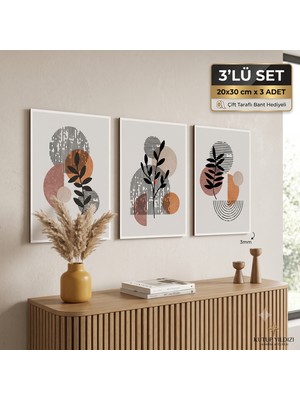 Kutup Yıldızı Tasarım Atölyesi 3'lü Soyut Botanik ve Geometrik Desenli Ahşap Mdf Tablo Seti - Minimalist Boho Duvar Dekoru