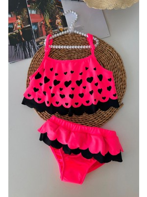 Miniğimin Cicileri Kalp Desenli Fırfırlı Kız Çocuk Bikini Takımı - Fuşya
