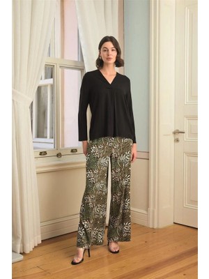Nevamel® Çiçek Yaprak ve Etnik Desenli Uzun Kollu Pijama Takımı