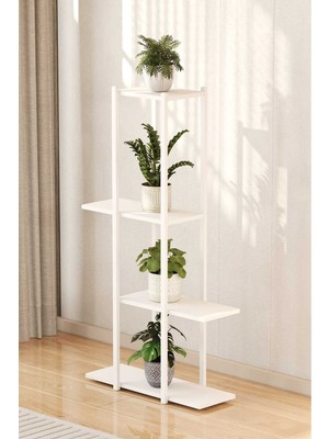 Woodensa Dört Rafli Dekoratif Çiçeklik (Beyaz Profil Beyaz Sunta) 60X20X108 cm MTL054
