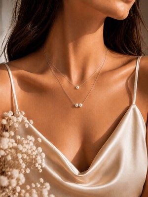 Liora De Mar Kadın Çelik Kolye Inci Detaylı Kolye Çift Katmanlı Minimal Silver Zincir Kolye