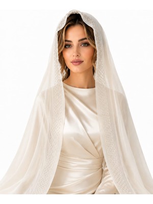 Ceylan Collection Mevlüt Örtüsü - Krem Boncuk Işlemeli Özel Tasarım Şifon Mevlüt Örtüsü 75×150