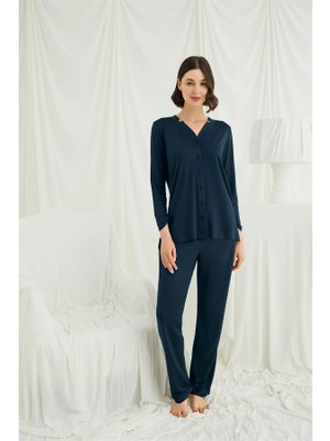 Nevamel® Uzun Kollu Boydan Düğmeli V Yaka Pijama Takımı