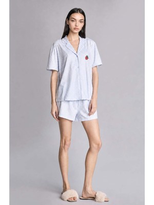 DeFacto Ultra Yumuşak Regular Fit Şortlu Kısa Kollu 2'li Kareli Softshell Açık Mavi Pijama Takımı H6375AX26HS