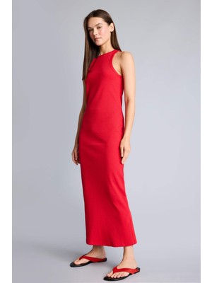 DeFacto Bodycon Vücudu Saran Halter Yaka Ribana Kolsuz Kırmızı Midi Elbise H7119AX26SM