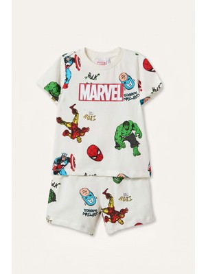 DeFacto Rüzgar Geçirmez Marvel Lisanslı Comics 2'li Şortlu Ekru Pijama Takımı Erkek Bebek H8237A526HS