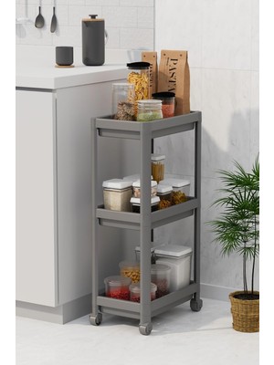 Sync Ticaret Mithra Life 3 Katlı Hazneli Tekerlekli Gri Mutfak Banyo Rafı Pg MIT1216