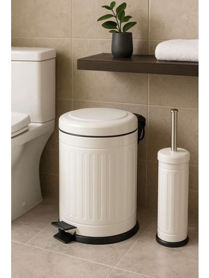 Sync Ticaret Defne 2 Li Çöp Kovası Çöp Kutusu Banyo Seti Çizgili Model Beyaz 5 Litre ve Wc Fırçası Seti